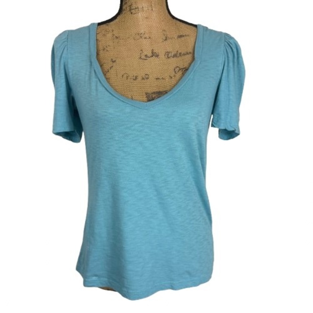 Sundry Puff Sleeve V-Neck T-Shirt Light Blue Slub Knit Casual Size 1 Small